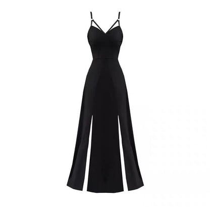 Black V-Neck Strap Open Leg Slit Long Dress EE0904 - Egirldoll