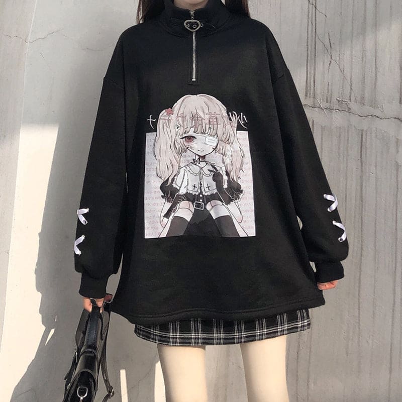 Black White Anime Girl Print Zipper Sweatshirt EG570 - Egirldoll