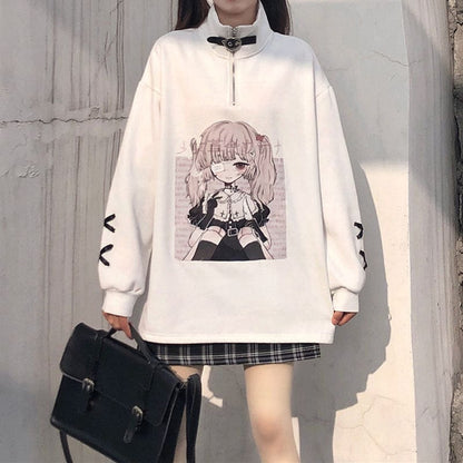 Black White Anime Girl Print Zipper Sweatshirt EG570 - Egirldoll