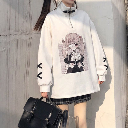 Black White Anime Girl Print Zipper Sweatshirt EG570 - Egirldoll