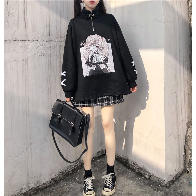 Black White Anime Girl Print Zipper Sweatshirt EG570 - Egirldoll