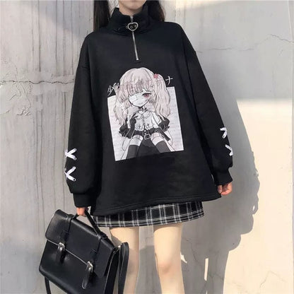 Black White Anime Girl Print Zipper Sweatshirt EG570 - Egirldoll