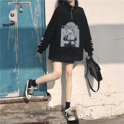 Black White Anime Girl Print Zipper Sweatshirt EG570 - Egirldoll