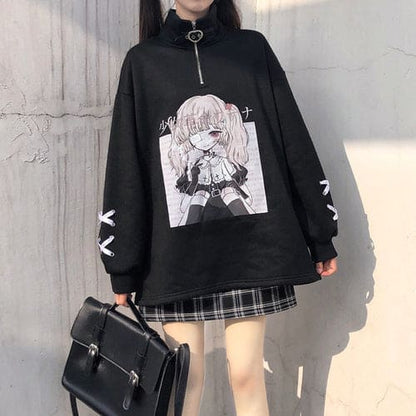 Black White Anime Girl Print Zipper Sweatshirt EG570 - Egirldoll