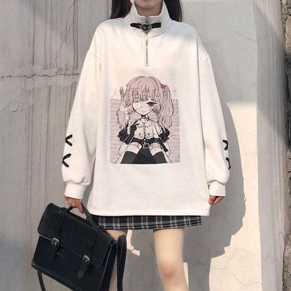 Black White Anime Girl Print Zipper Sweatshirt EG570 - Egirldoll