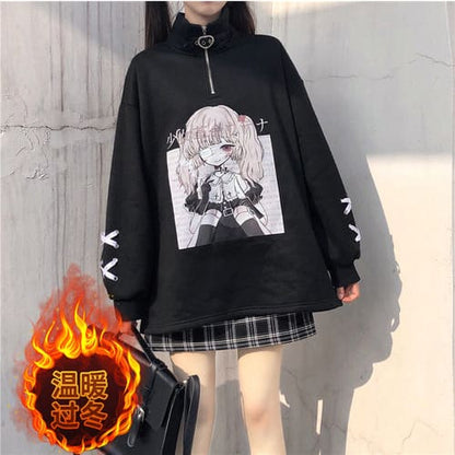 Black White Anime Girl Print Zipper Sweatshirt EG570 - Egirldoll