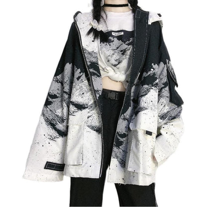 Black White Landscape Painting Printed Hooded Jacket EG237 - Egirldoll