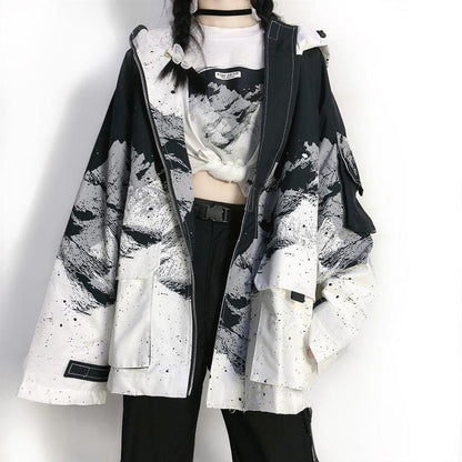 Black White Landscape Painting Printed Hooded Jacket EG237 - Egirldoll