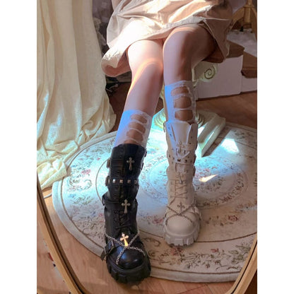 Black White Punk Cross Chains Boots ON175 - Egirldoll