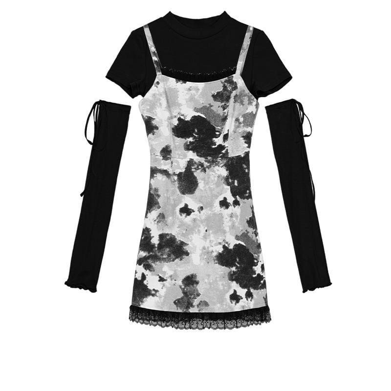 Black White Removable Sleeves Top Tie Dye Slip Dress EE0794 - Egirldoll