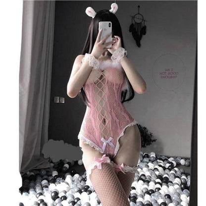 Black/Pink Lace Bunny Cosplay Bustier Fishnet Bodysuit EG177 - Egirldoll