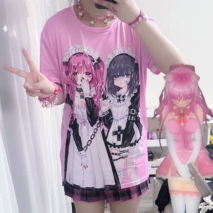 Black/Pink/White Harajuku Maid Gorls Anime T-shirt EE0929 - Egirldoll