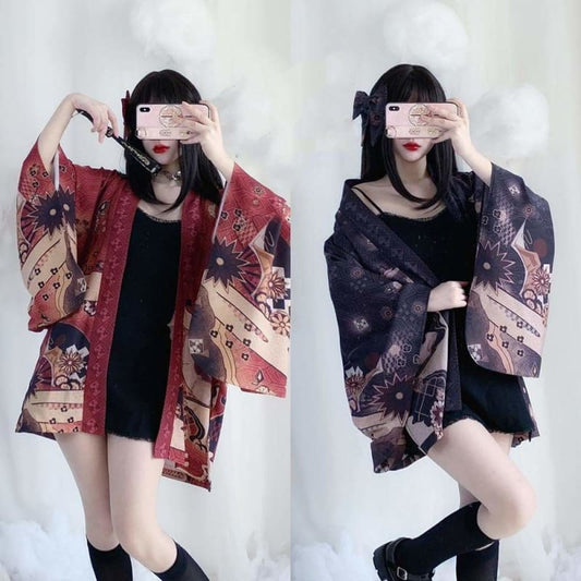 Black/Red Cute Japanese Geisha Haori Kawaii Kimono SP16062 - Egirldoll
