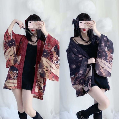 Black/Red Cute Japanese Geisha Haori Kawaii Kimono SP16062 - Egirldoll