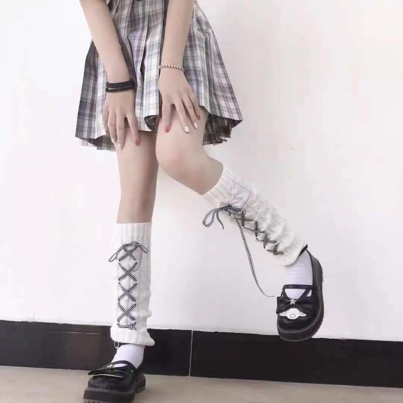 Black/White Cool Warm Calf-length Drawstring Stripe Plaid Ribbon Bow JK Socks EG16875 - Egirldoll