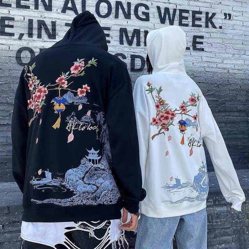 Black/White Embroidery Flowers Design Cool Couples Hoodies EG459 - Egirldoll