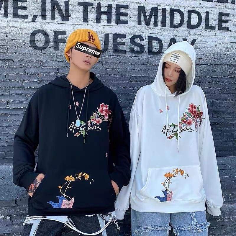 Black/White Embroidery Flowers Design Cool Couples Hoodies EG459 - Egirldoll