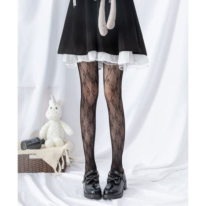 Black/White Gothic Lolita Grid Lace Bowknot Moon Stocking Tights BE471 - Egirldoll