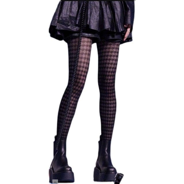 Black/White Gothic Lolita Grid Lace Bowknot Moon Stocking Tights BE471 - Egirldoll