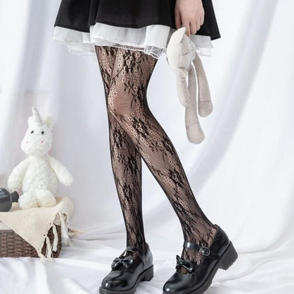 Black/White Gothic Lolita Grid Lace Bowknot Moon Stocking Tights BE471 - Egirldoll