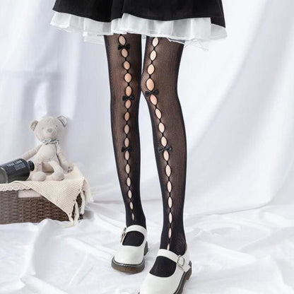 Black/White Gothic Lolita Grid Lace Bowknot Moon Stocking Tights BE471 - Egirldoll