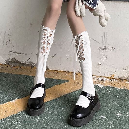 Black/White Lolita Bandage Bowknot Cotton Knee-High JK Knee Socks EG17339 - Egirldoll