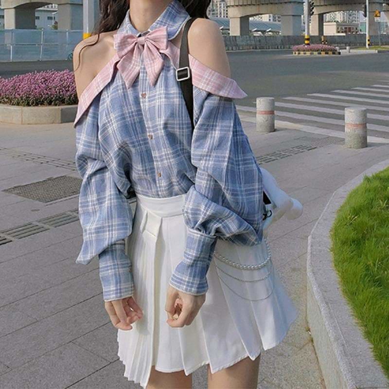 Blue Plaid Off The Shoulder Bow Blouse SP15727 - Egirldoll