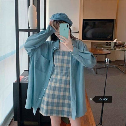 Blue Sunscreen Shirt + Plaid Sling Slim A-line Dress Two-piece Suit SP15624 - Egirldoll