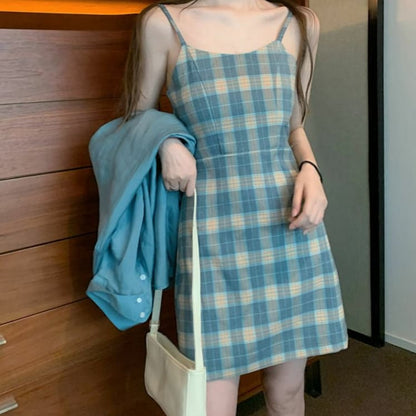 Blue Sunscreen Shirt + Plaid Sling Slim A-line Dress Two-piece Suit SP15624 - Egirldoll