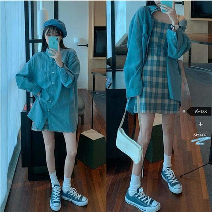 Blue Sunscreen Shirt + Plaid Sling Slim A-line Dress Two-piece Suit SP15624 - Egirldoll