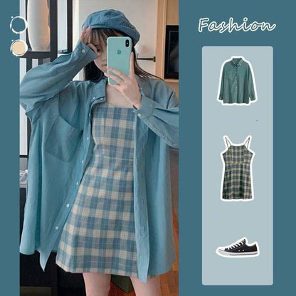 Blue Sunscreen Shirt + Plaid Sling Slim A-line Dress Two-piece Suit SP15624 - Egirldoll