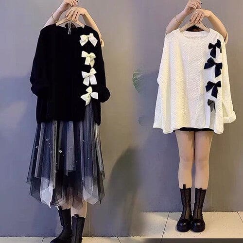 Bow Knot Decor Split Sweater Tulle Skirt Two Pieces Set ON241 - Egirldoll