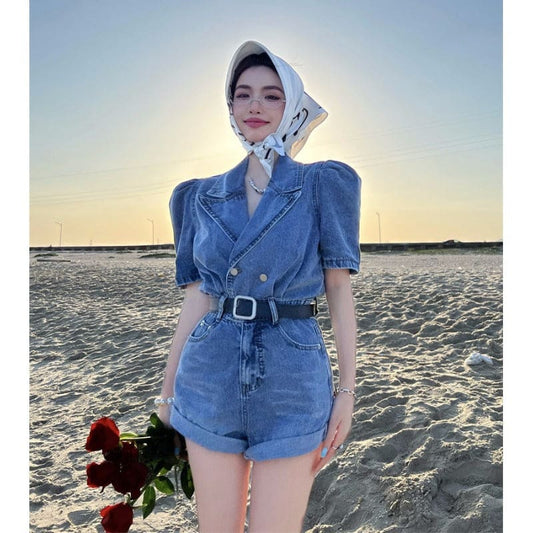 Casual Blue Denim Overalls Belted Shorts ON13