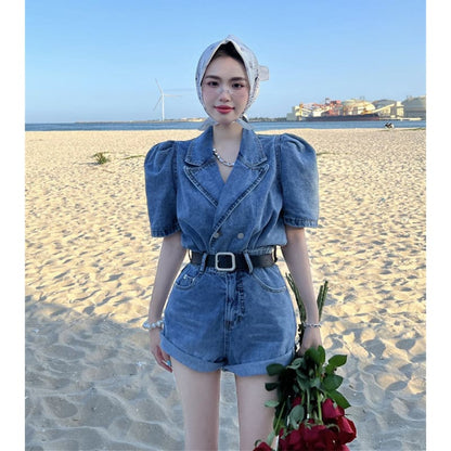 Casual Blue Denim Overalls Belted Shorts ON13