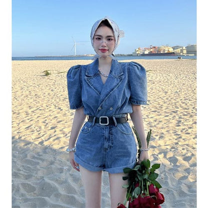 Casual Blue Denim Overalls Belted Shorts ON13 - S / Denim 