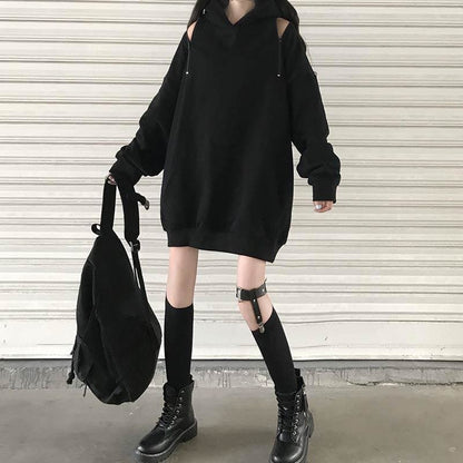 Casual Comfy Black Harajuku Gothic Zipper Off The Shoulder Oversized Hoodie EG15945 - Egirldoll