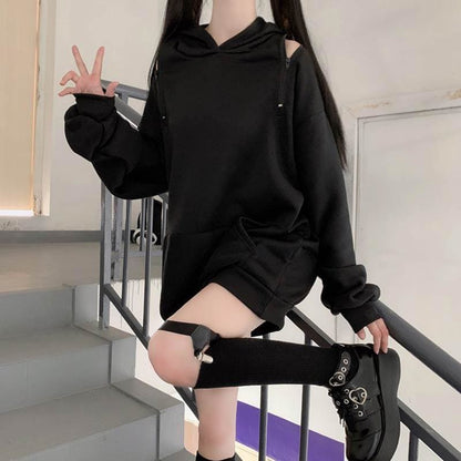 Casual Comfy Black Harajuku Gothic Zipper Off The Shoulder Oversized Hoodie EG15945 - Egirldoll