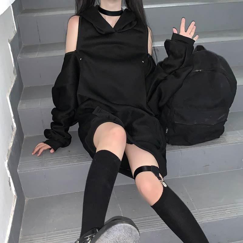 Casual Comfy Black Harajuku Gothic Zipper Off The Shoulder Oversized Hoodie EG15945 - Egirldoll