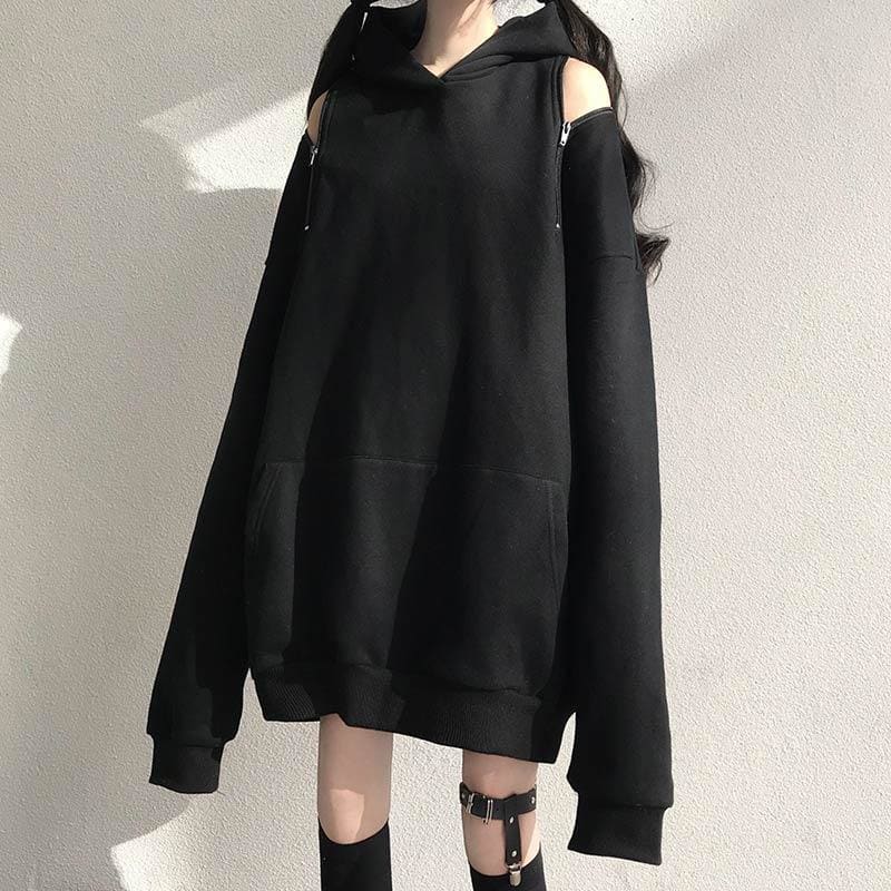 Casual Comfy Black Harajuku Gothic Zipper Off The Shoulder Oversized Hoodie EG15945 - Egirldoll