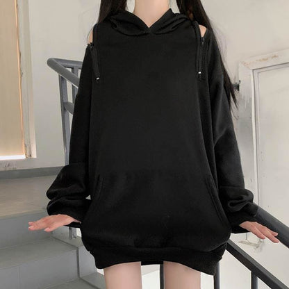 Casual Comfy Black Harajuku Gothic Zipper Off The Shoulder Oversized Hoodie EG15945 - Egirldoll