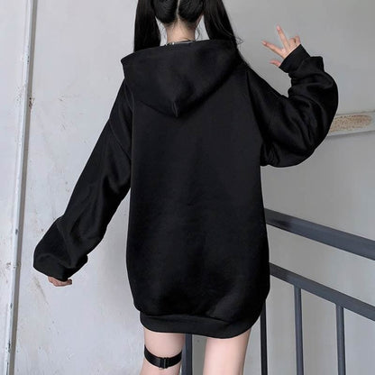 Casual Comfy Black Harajuku Gothic Zipper Off The Shoulder Oversized Hoodie EG15945 - Egirldoll