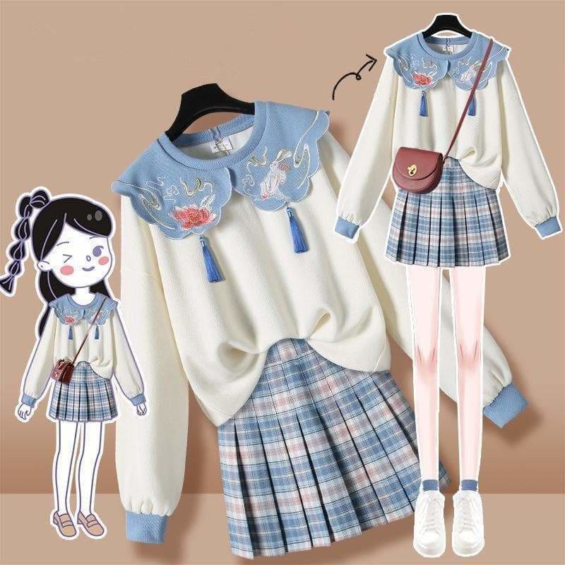 Chinese Style Embroidery Flower Sweatshirt and Pleated Skirt Set EG16744 - Egirldoll