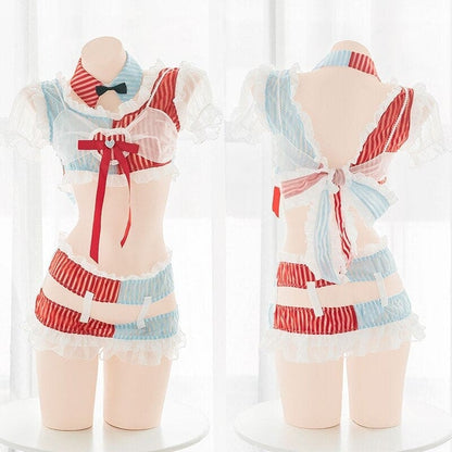 Clown Girls Red Blue Chiffon Hollow Out Lingerie Set BE328 - Egirldoll