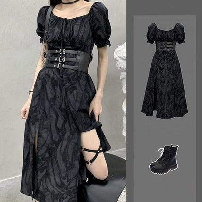 Cool Alternative Grunge Open Leg Long Black Gray Dress EG16321 - Egirldoll