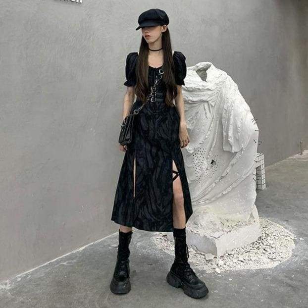 Cool Alternative Grunge Open Leg Long Black Gray Dress EG16321 - Egirldoll