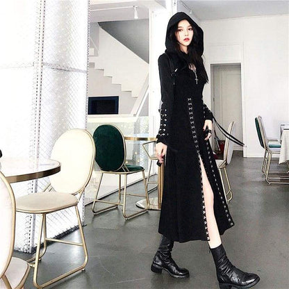 Cool Set Gothic Lace Up Hollow Sweatshirt Hoodie Split Long Dress Two Piece Set EG430 - Egirldoll