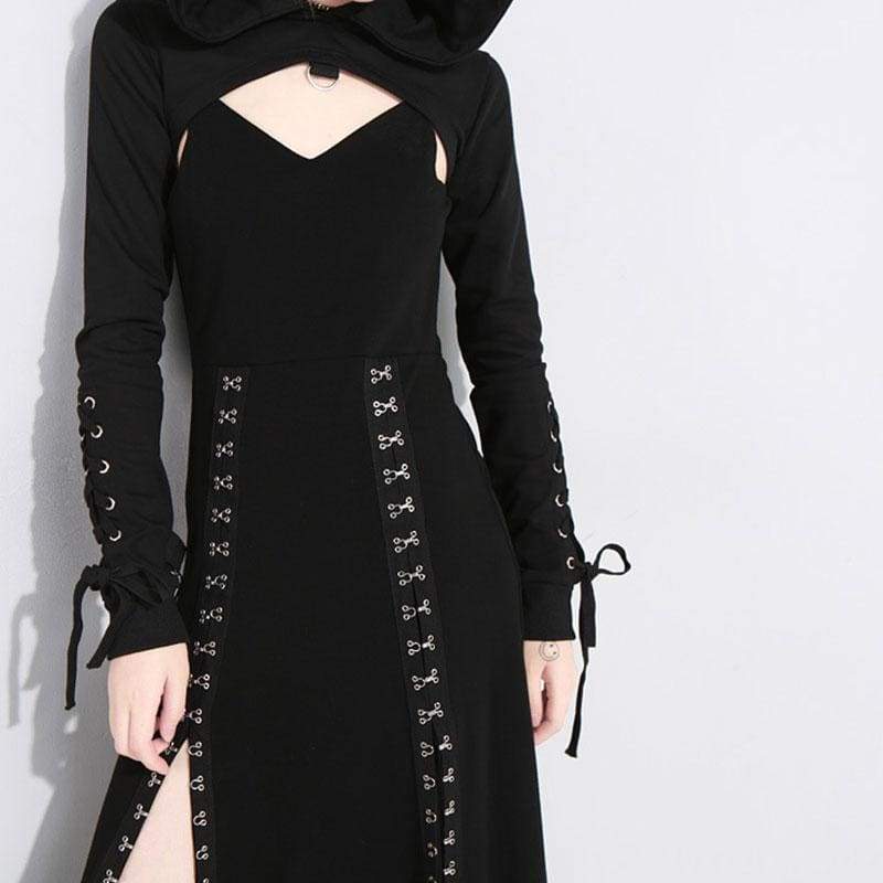 Cool Set Gothic Lace Up Hollow Sweatshirt Hoodie Split Long Dress Two Piece Set EG430 - Egirldoll