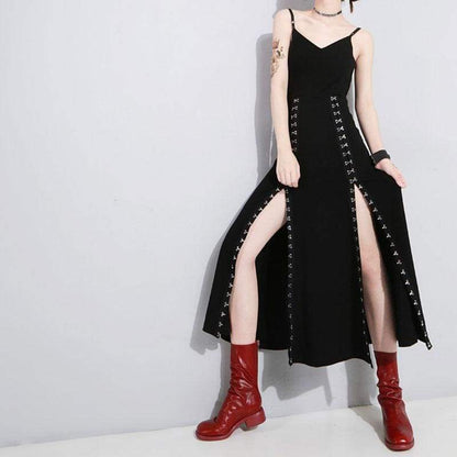 Cool Set Gothic Lace Up Hollow Sweatshirt Hoodie Split Long Dress Two Piece Set EG430 - Egirldoll