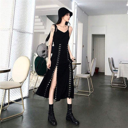 Cool Set Gothic Lace Up Hollow Sweatshirt Hoodie Split Long Dress Two Piece Set EG430 - Egirldoll