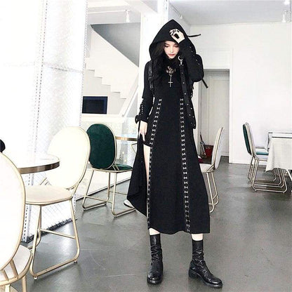 Cool Set Gothic Lace Up Hollow Sweatshirt Hoodie Split Long Dress Two Piece Set EG430 - Egirldoll